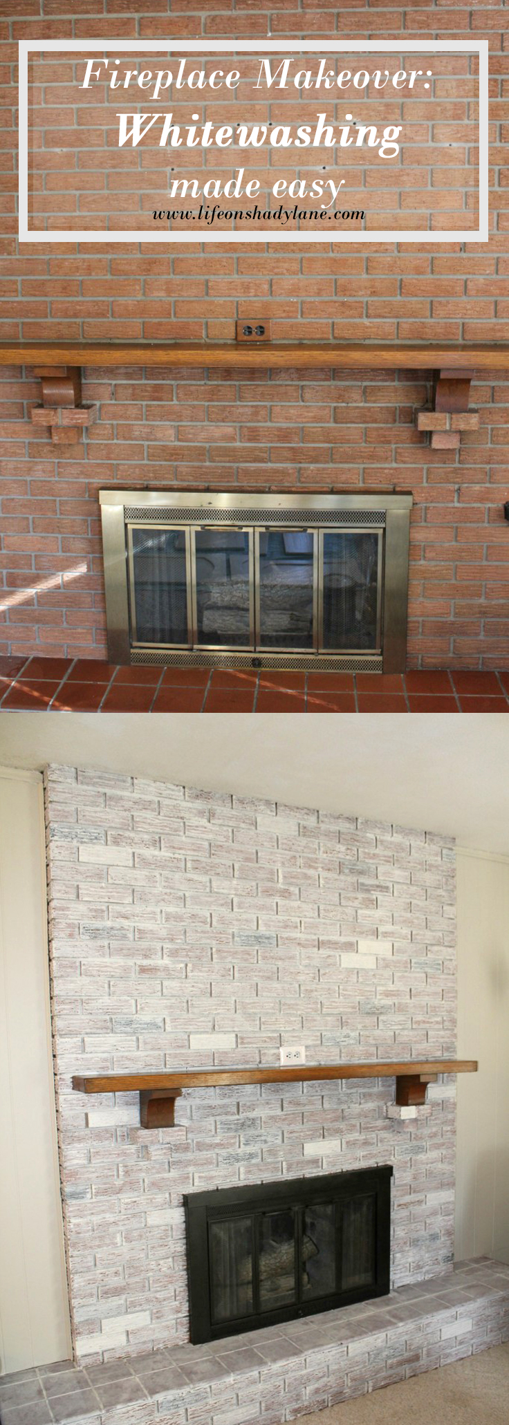 How to Whitewash a Brick Fireplace via Life on Shady Lane blog || Kansas City life, home, and style blogger Megan Wilson shares a step by step fireplace makeover guide! || www.lifeonshadylane.com 