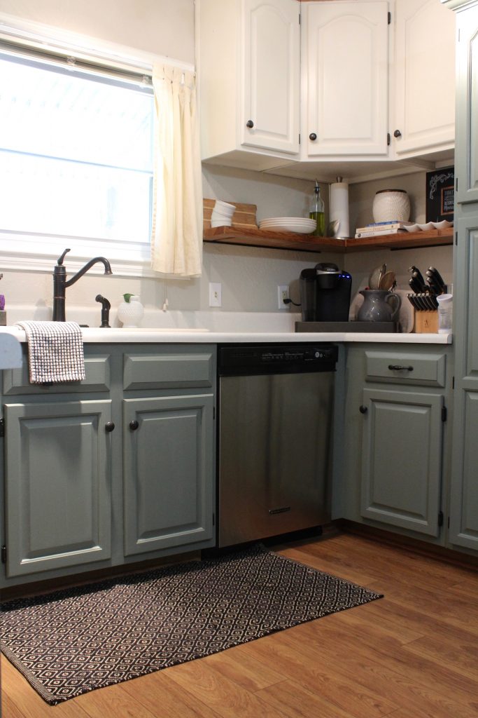 Painted kitchen cabinets + custom open shelving