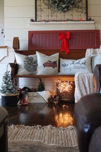 Antique church pew and Christmas pillows via Life on Shady Lane blog