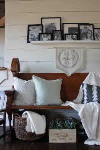Early spring styled antique church pew via Life on Shady Lane blog