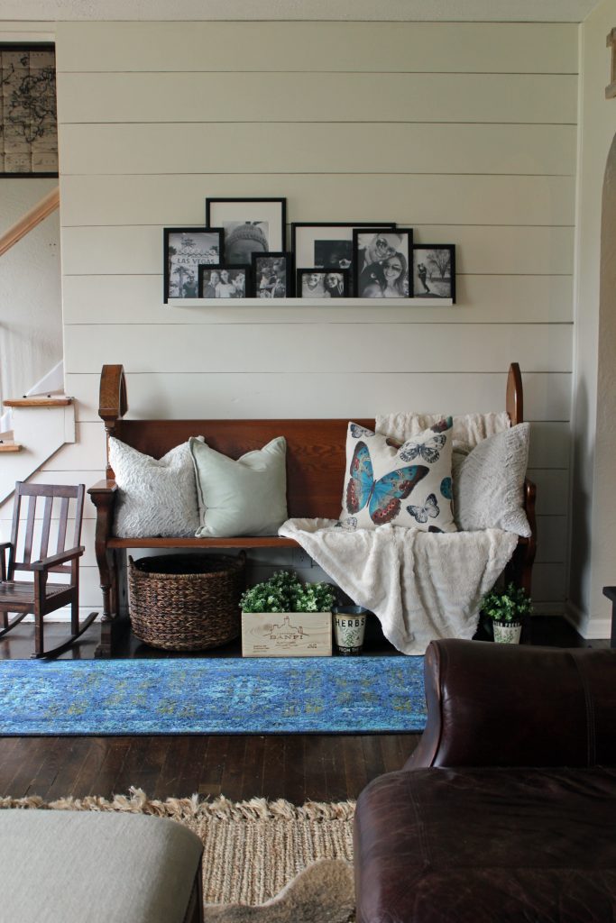 A pop of blue, modern farmhouse entryway via Life on Shady Lane blog