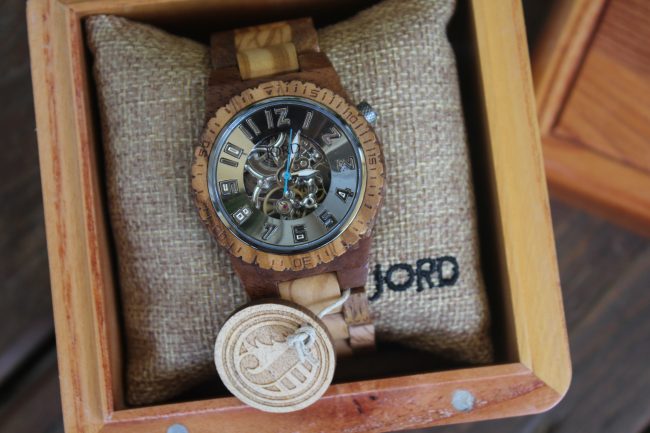 An olive and acacia wood men's watch - the perfect unique gift for a birthday, Father's Day, or any holiday! 