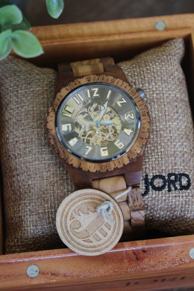 An olive and acacia wood men's watch - the perfect unique gift for a birthday, Father's Day, or any holiday! 