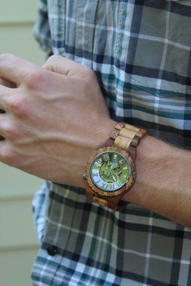 An olive and acacia wood men's watch - the perfect unique gift for a birthday, Father's Day, or any holiday! 