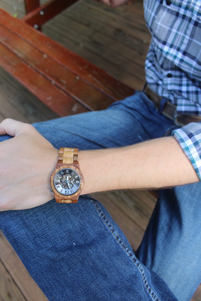 An olive and acacia wood men's watch - the perfect unique gift for a birthday, Father's Day, or any holiday! 
