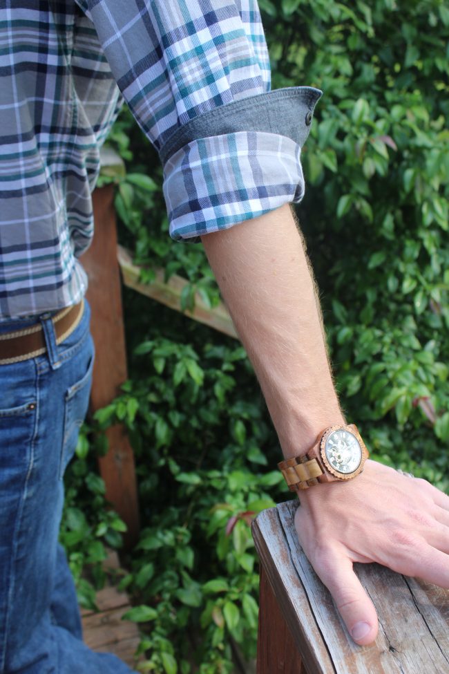 An olive and acacia wood men's watch - the perfect unique gift for a birthday, Father's Day, or any holiday! 