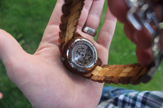 An olive and acacia wood men's watch - the perfect unique gift for a birthday, Father's Day, or any holiday! 