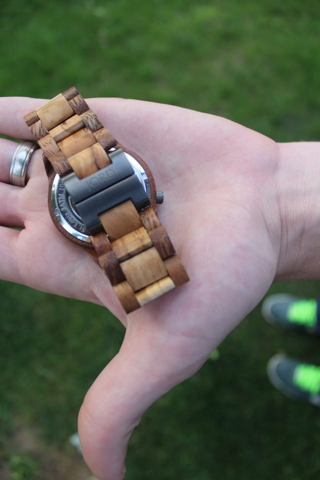 An olive and acacia wood men's watch - the perfect unique gift for a birthday, Father's Day, or any holiday! 