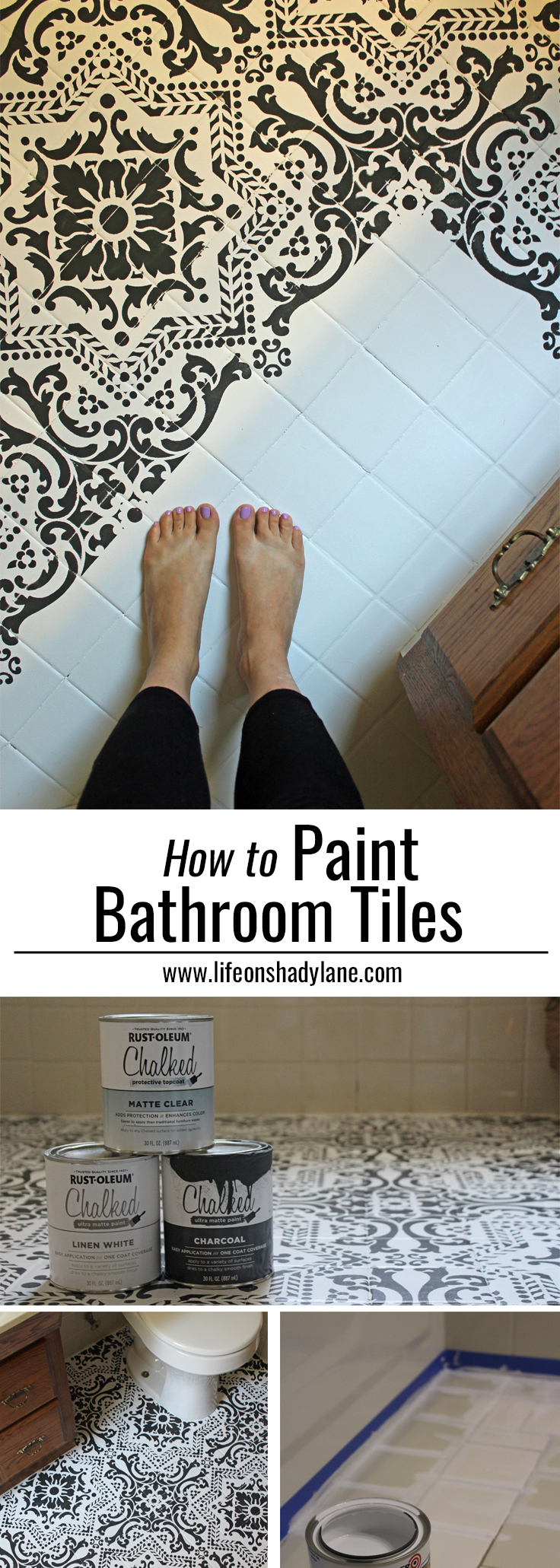 DIY: How to EASILY paint your tile floor for a budget friendly modern update! - Black and White Stenciled Bathroom Floor