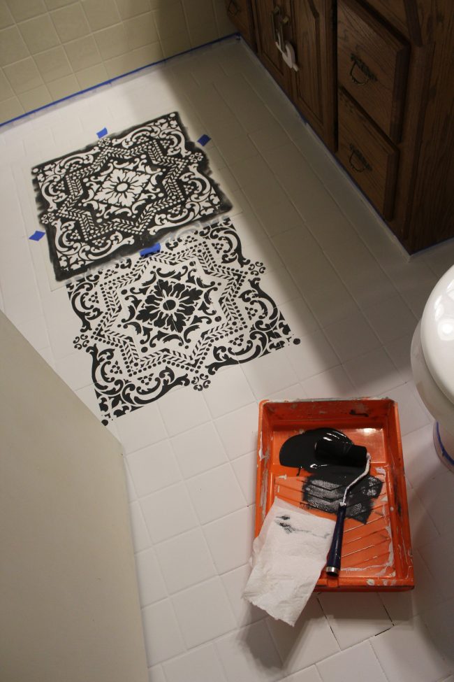 DIY: How to EASILY paint your tile floor for a budget friendly modern update! - Black and White Stenciled Bathroom Floor