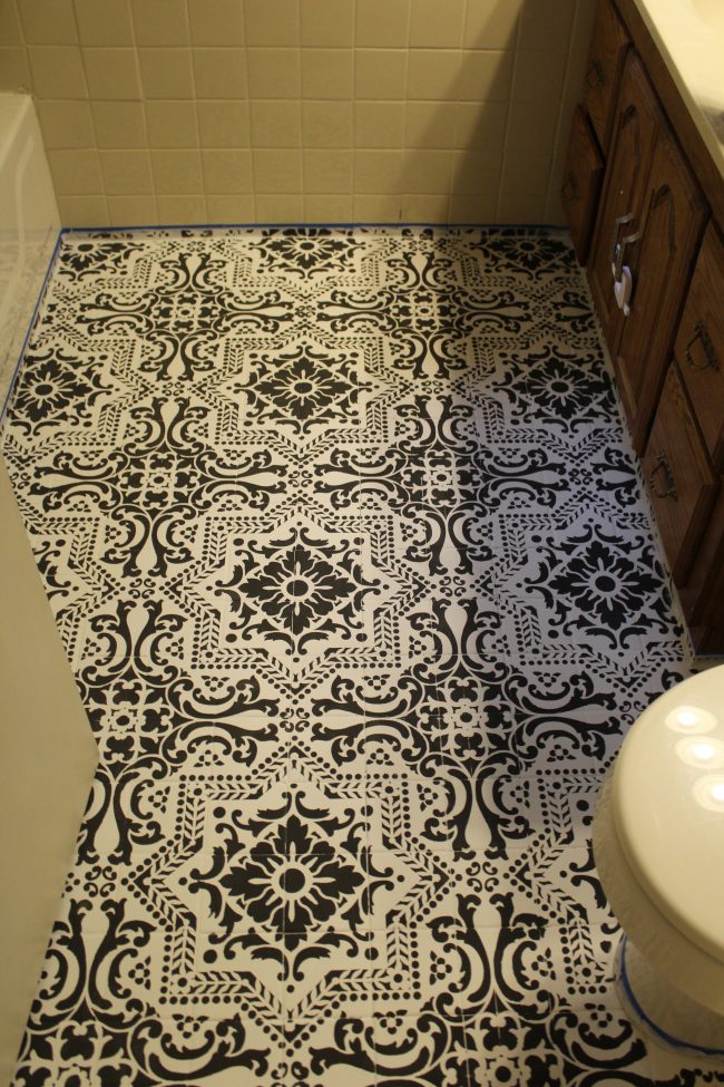 DIY: How to EASILY paint your tile floor for a budget friendly modern update! - Black and White Stenciled Bathroom Floor