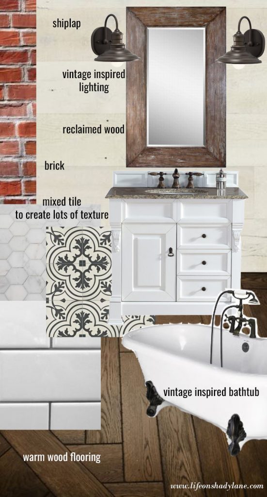 A vintage modern farmhouse bathroom plan that features crisp whites, warm reclaimed wood, and brick accents. 