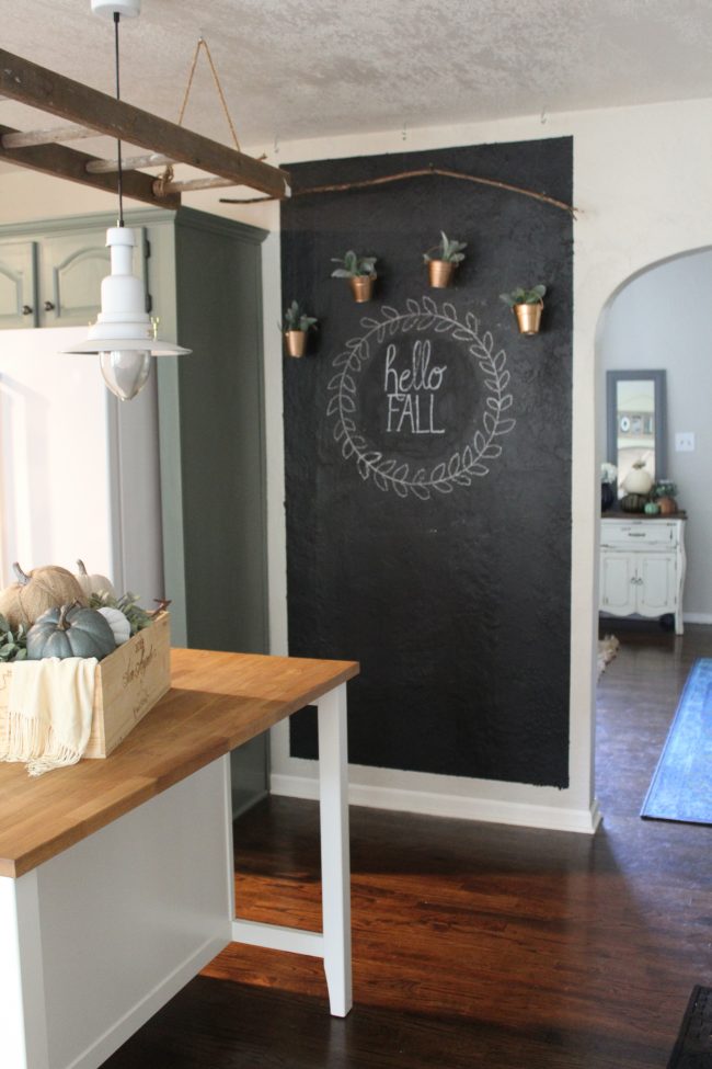 Chalkboard wall with hanging copper planters and faux lambs ear