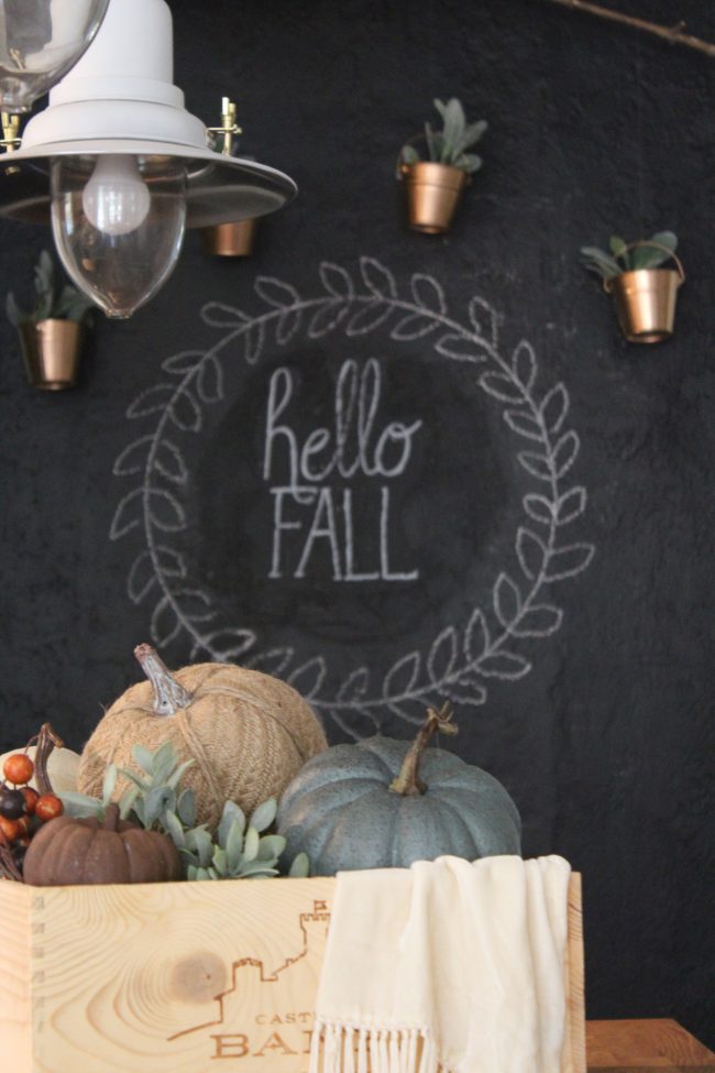 Chalkboard wall with hanging copper planters - perfect for turning a big, blank kitchen wall into something that is stylish, fun, and functional! 