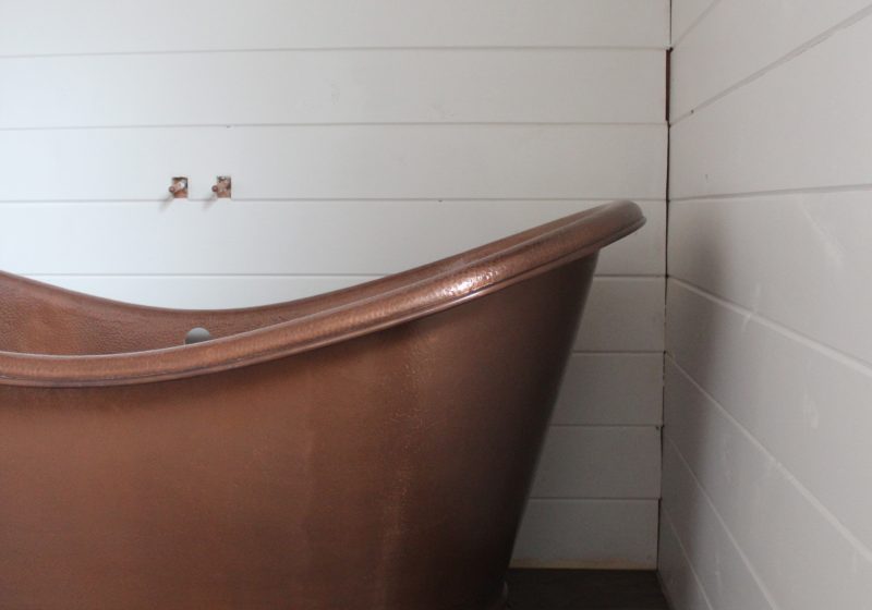 Upstairs Bathroom: Shiplap, Tub, Flooring, and Vanity