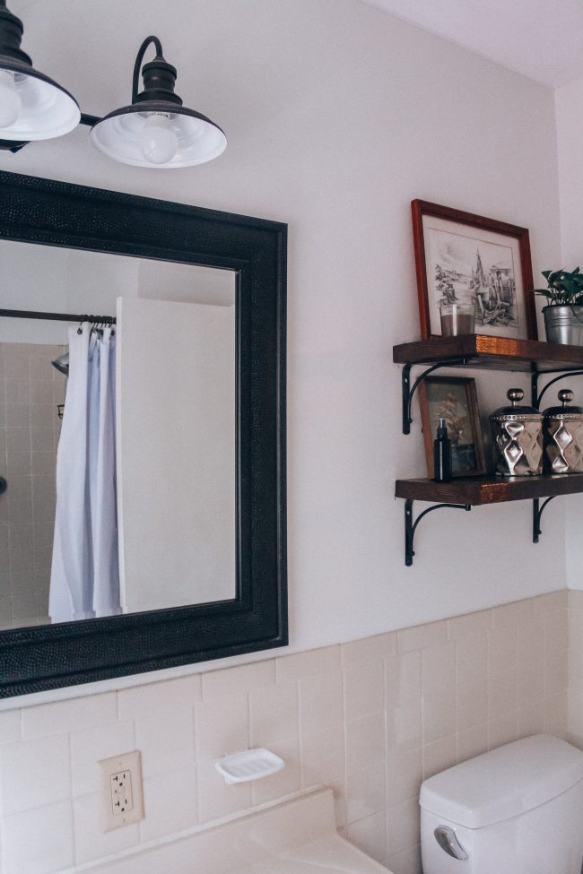 Quick Bathroom Makeover || Open Shelves, White Bathroom, Black and White Stenciled Tile Floor