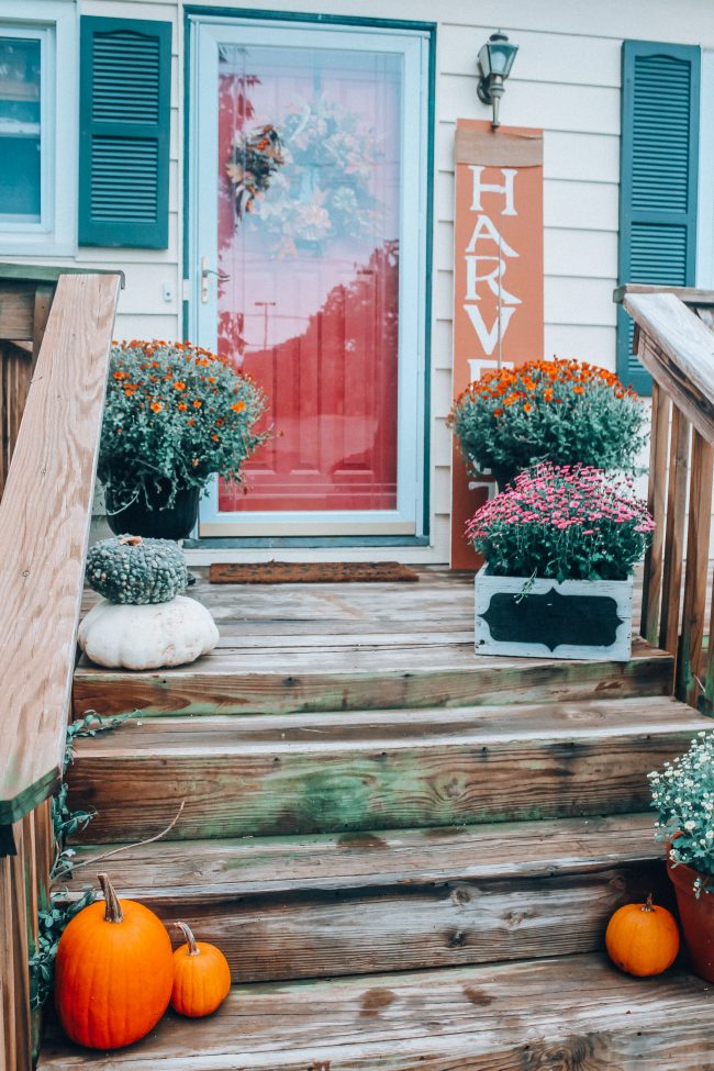 Fall front porch with pumpkins and mums, fall front door wreath, how to decorate a front porch for Fall