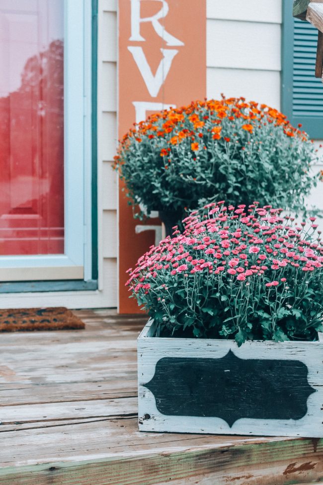 Fall front porch with pumpkins and mums, fall front door wreath, how to decorate a front porch for Fall