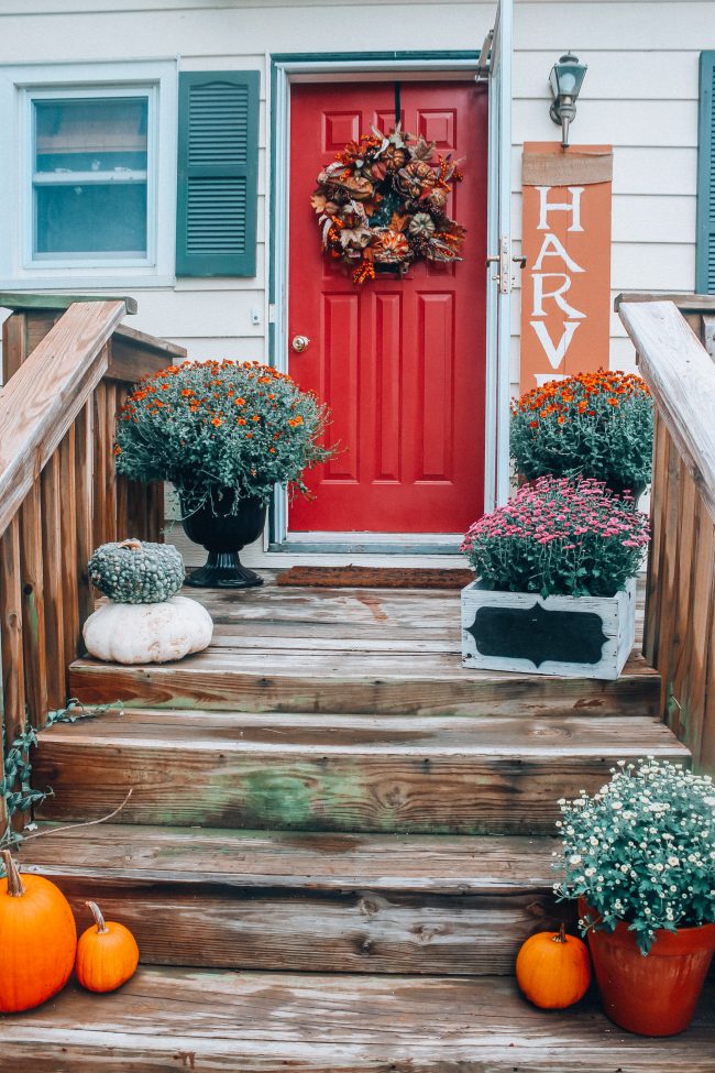 Fall front porch with pumpkins and mums, fall front door wreath, how to decorate a front porch for Fall