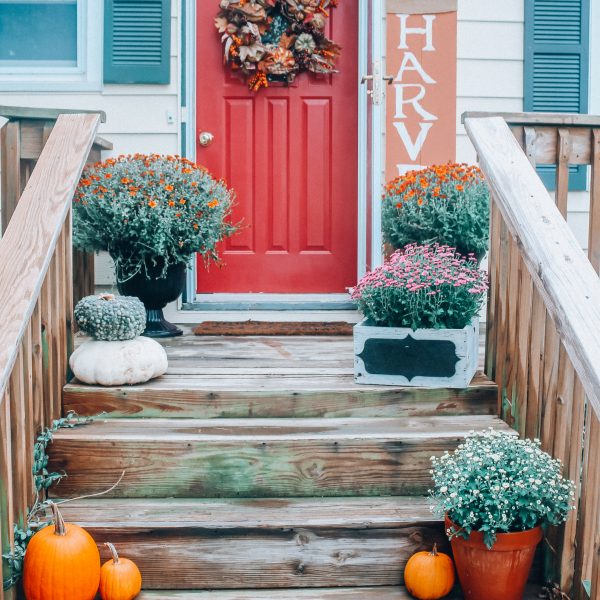 Fall front porch with pumpkins and mums, fall front door wreath, how to decorate a front porch for Fall