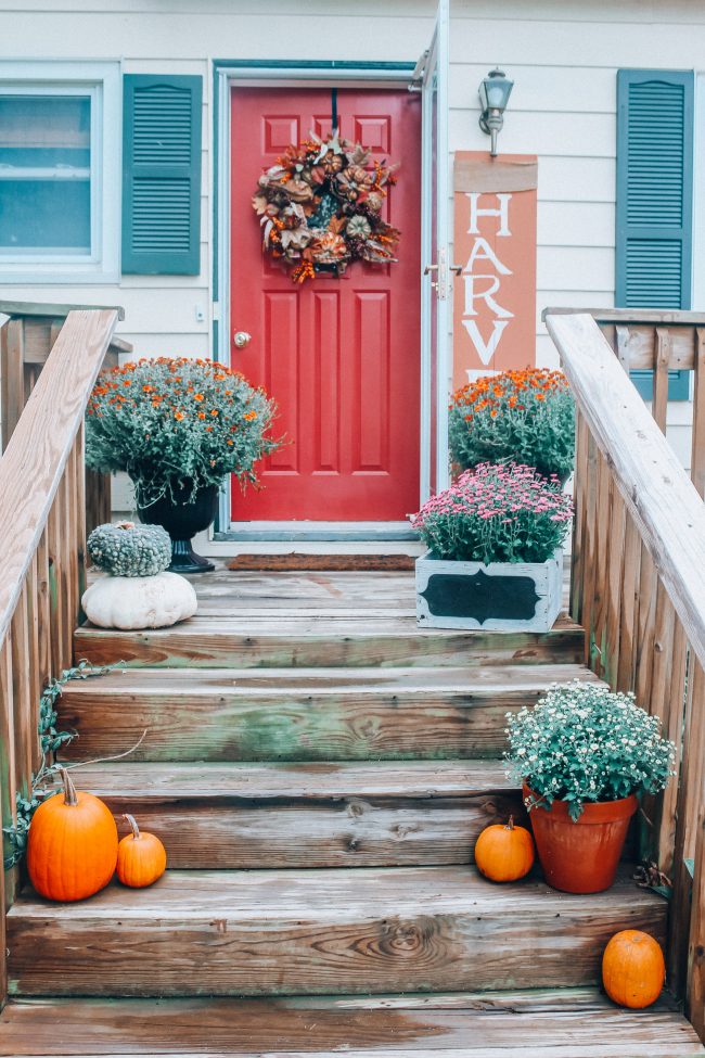 Fall front porch with pumpkins and mums, fall front door wreath, how to decorate a front porch for Fall