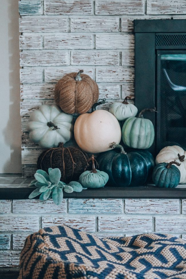 Fall Fireplace and mantle with blue, green, and white pumpkins // Cool toned Fall home decor