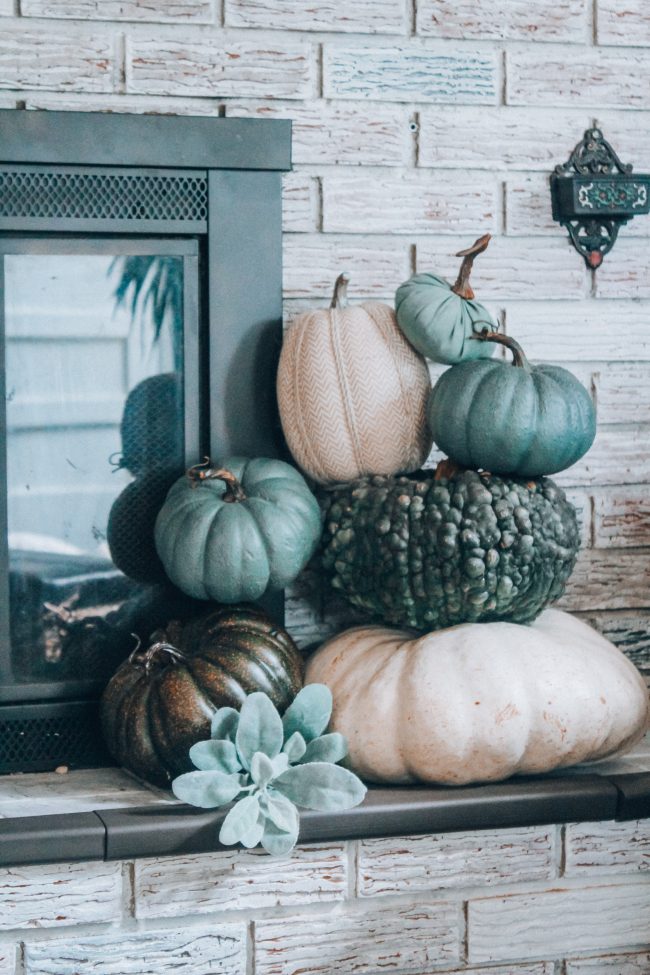Fall Fireplace and mantle with blue, green, and white pumpkins // Cool toned Fall home decor