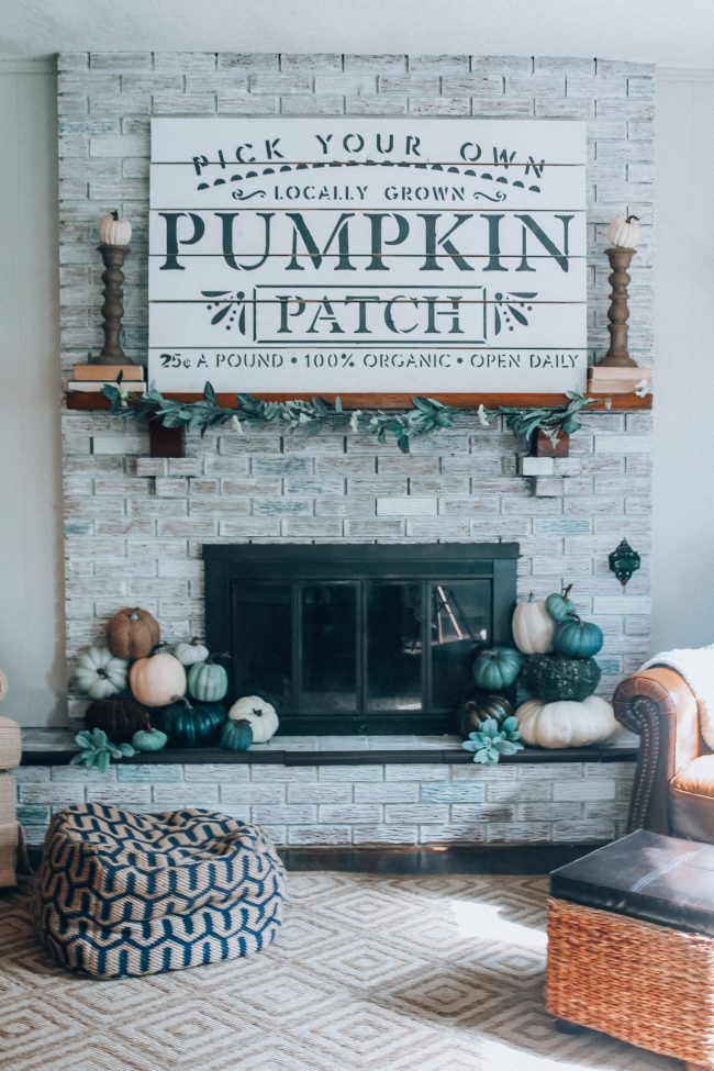 Fall Fireplace and mantle with blue, green, and white pumpkins // Cool toned Fall home decor