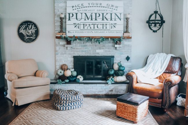 Fall Fireplace and mantle with blue, green, and white pumpkins // Cool toned Fall home decor