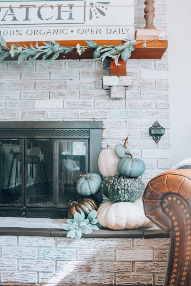 Fall Fireplace and mantle with blue, green, and white pumpkins // Cool toned Fall home decor