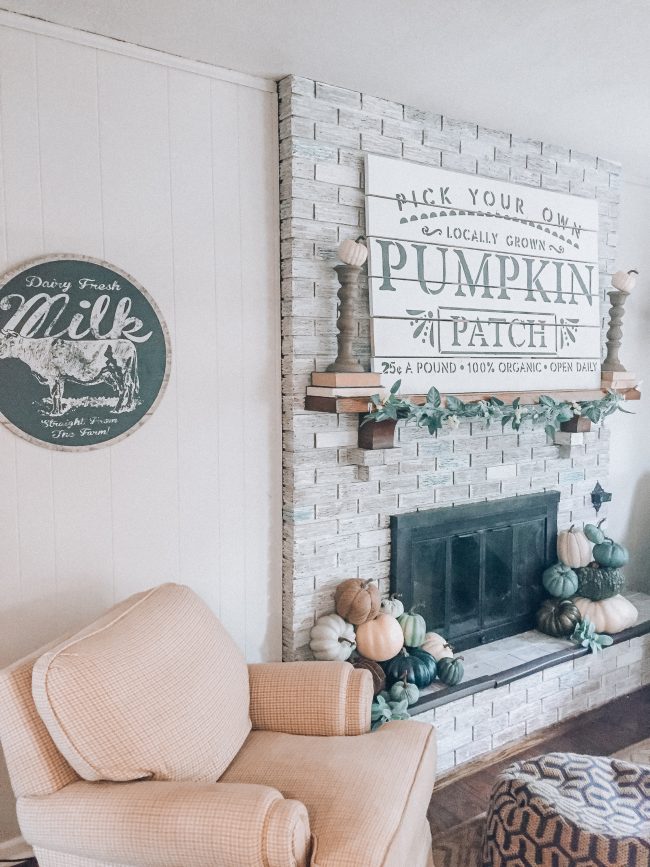 Fall Fireplace and mantle with blue, green, and white pumpkins // Cool toned Fall home decor