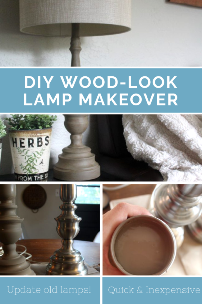 DIY wood look lamp makeover, perfect for adding a little farmhouse vibe to your home! Simple project to update old lamps. #diy #project