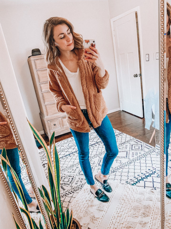 Teddy bear jacket and jeans / Casual winter fashion. Kansas City life, home, and style blogger Megan Wilson shares her Amazon Finds - January | Week 3 - Affordable cute style that's fun and won't break the bank! #amazon #amazonfashion #amazonclothes