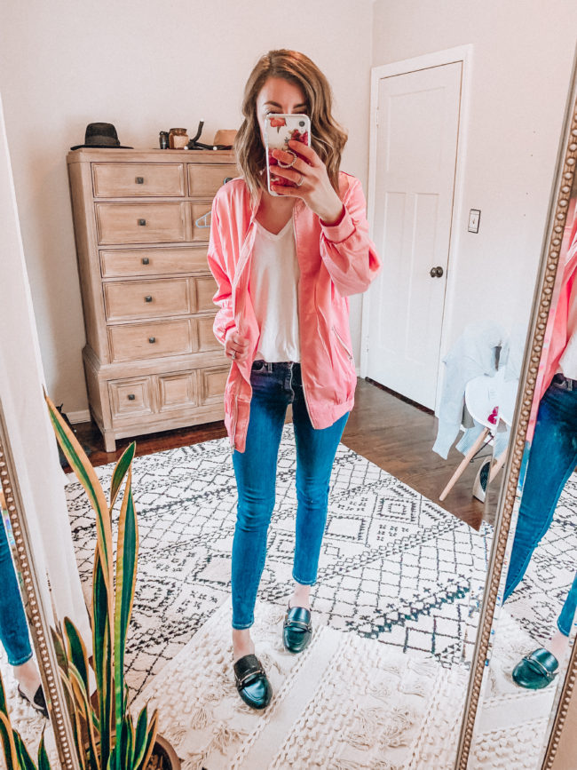 Pink bomber jacket and jeans / Casual winter and spring fashion. Kansas City life, home, and style blogger Megan Wilson shares her Amazon Finds - January | Week 3 - Affordable cute style that's fun and won't break the bank! #amazon #amazonfashion #amazonclothes