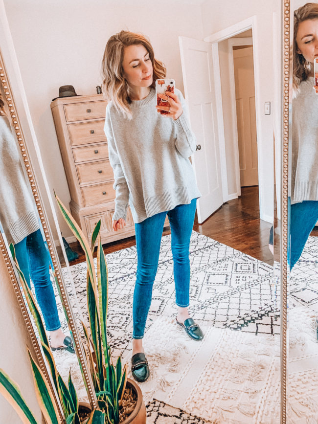 Gray sweater and jeans from AMAZON! / Casual winter  fashion. Kansas City life, home, and style blogger Megan Wilson shares her Amazon Finds - January | Week 3 - Affordable cute style that's fun and won't break the bank! #amazon #amazonfashion #amazonclothes