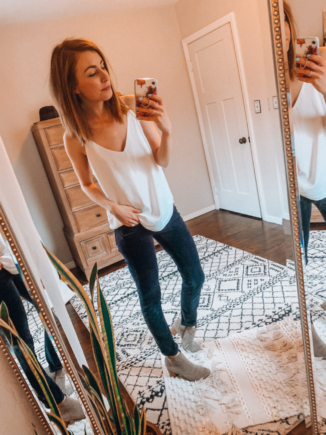 White tank and navy pants - Casual everyday fashion. Kansas City life, home, and style blogger Megan Wilson shares her Amazon Finds - February | Week 1 - Affordable cute style that's fun and won't break the bank! #amazon #amazonfashion #amazonclothes #amazonfinds