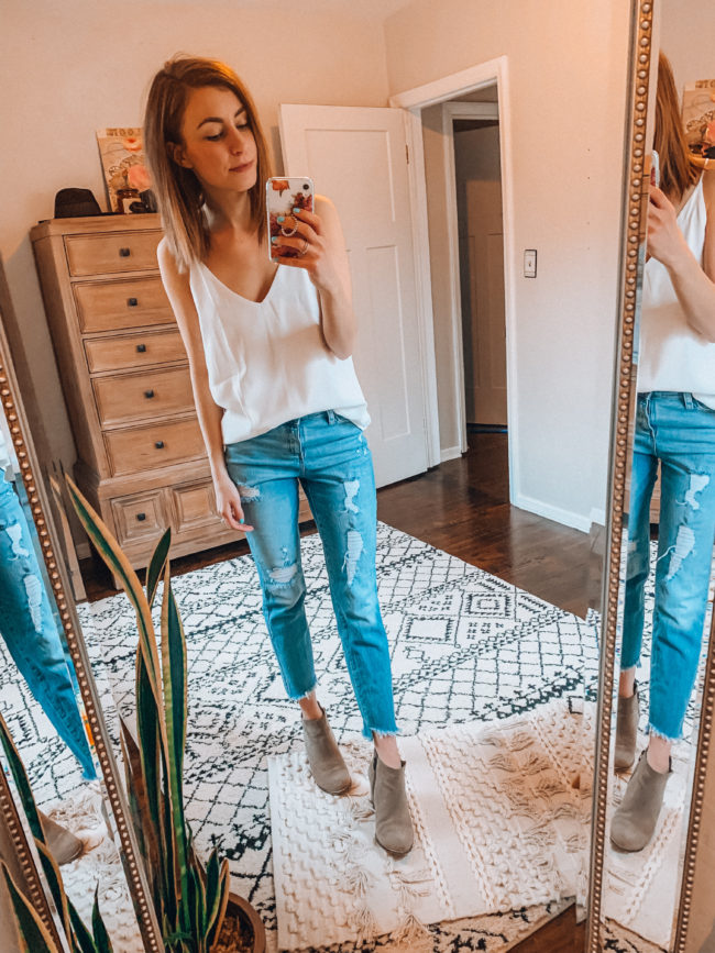 White tank and distressed blue jeans - Casual everyday fashion. Kansas City life, home, and style blogger Megan Wilson shares her Amazon Finds - February | Week 1 - Affordable cute style that's fun and won't break the bank! #amazon #amazonfashion #amazonclothes #amazonfinds