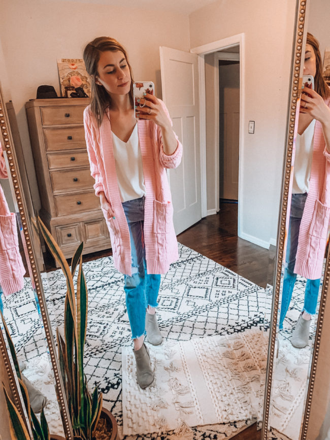 Pink cardigan, white tank, and distressed blue jeans - Casual everyday fashion. Kansas City life, home, and style blogger Megan Wilson shares her Amazon Finds - February | Week 1 - Affordable cute style that's fun and won't break the bank! #amazon #amazonfashion #amazonclothes #amazonfinds