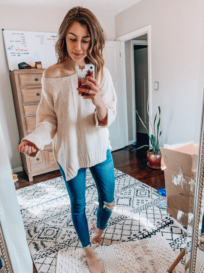 Beige pullover sweater and distressed skinny jeans | Spring and summer outfits | Casual everyday fashion. Kansas City life, home, and style blogger Megan Wilson shares her Amazon Finds - February | Week 2 - Affordable cute style that's fun and won't break the bank! #amazon #amazonfashion #amazonclothes #amazonfinds