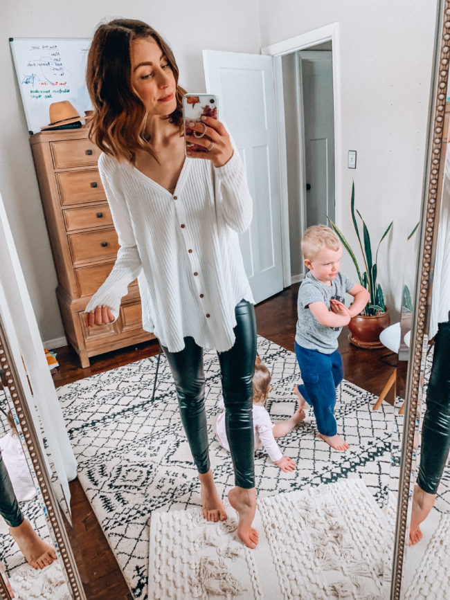 Faux leather leggings and white henley | Casual everyday fashion. Kansas City life, home, and style blogger Megan Wilson shares her Amazon Finds - February | Week 3 - Affordable cute style that's fun and won't break the bank! #amazon #amazonfashion #amazonclothes #amazonfinds