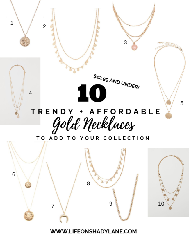 10 trendy + affordable gold necklaces that are ALL $12.99 and UNDER! Some are even as low as $5. Try out the gold coin necklace trend without dropping a ton of cash. Kansas City life, home, and style blogger Megan Wilson shares ten trendy and affordable gold necklaces to add to your collection | lifeonshadylane.com / @shadylaneblog on IG #jewelry #coinnecklace 