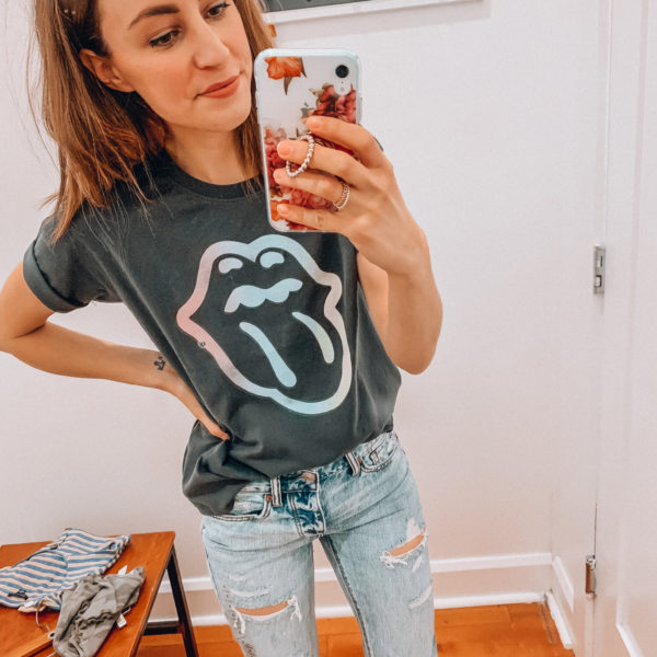 Casual spring and summer style, distressed light wash jeans and a graphic Rolling Stones tee, spring and summer outfits | Kansas City life, home, and style blogger Megan Wilson shares an American Eagle try-on | March | Life on Shady Lane // @shadylaneblog