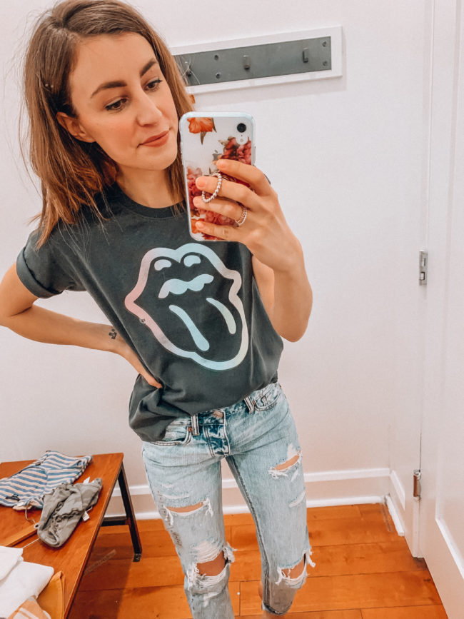 Casual spring and summer style, distressed light wash jeans and a graphic Rolling Stones tee, spring and summer outfits | Kansas City life, home, and style blogger Megan Wilson shares an  American Eagle try-on | March | Life on Shady Lane // @shadylaneblog