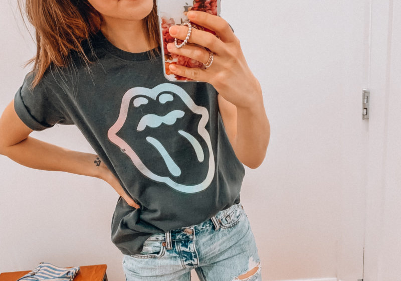 Casual spring and summer style, distressed light wash jeans and a graphic Rolling Stones tee, spring and summer outfits | Kansas City life, home, and style blogger Megan Wilson shares an American Eagle try-on | March | Life on Shady Lane // @shadylaneblog