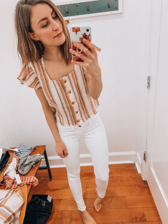 Casual spring and summer style, white jeans and a striped top, spring and summer outfits | Kansas City life, home, and style blogger Megan Wilson shares an  American Eagle try-on | March | Life on Shady Lane // @shadylaneblog