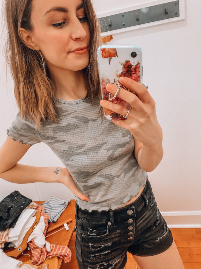 Casual spring and summer style, Black distressed shorts and a camo tee, spring and summer outfits | Kansas City life, home, and style blogger Megan Wilson shares an  American Eagle try-on | March | Life on Shady Lane // @shadylaneblog