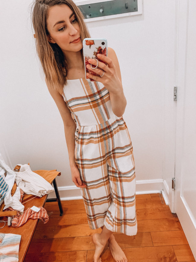 Casual spring and summer style, plaid jumpsuit, spring and summer outfits | Kansas City life, home, and style blogger Megan Wilson shares an  American Eagle try-on | March | Life on Shady Lane // @shadylaneblog