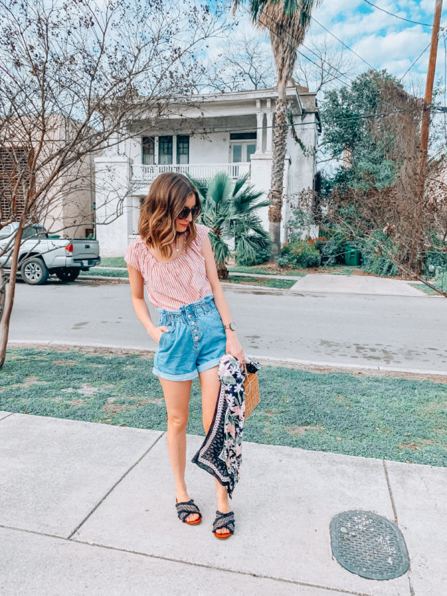 High waist paperbag shorts // denim shorts // Vacation PACKING GUIDE - what I packed for a one week trip to San Antonio | Kansas City life, home, and style blogger Megan Wilson shares all of the items she packed for a one week spring break trip | What to pack for a one week spring break trip | lifeonshadylane.com | @shadylaneblog on IG