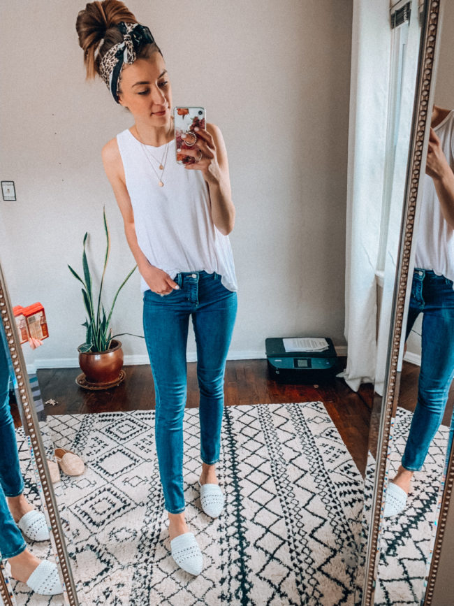 Levi's jeans and a white high neck tank - a basic, casual outfit! | White mules and skinny jeans outfit | Casual everyday spring and summer fashion. Kansas City life, home, and style blogger Megan Wilson shares her Amazon Finds - April | Affordable cute style that's fun and won't break the bank! #amazon #amazonfashion #amazonclothes #amazonfinds 