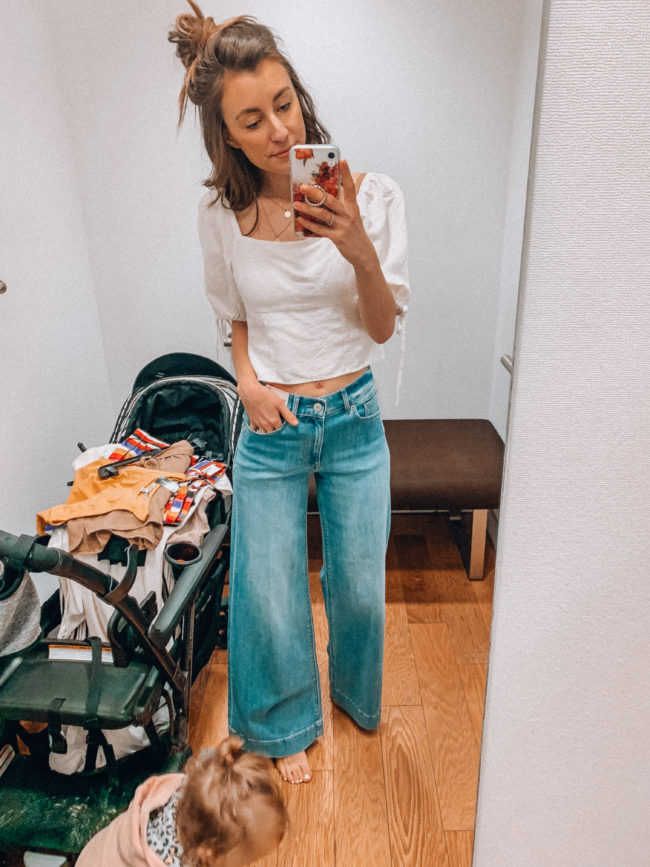 Cropped white top and high waist wide leg denim jeans | Casual spring and summer style, spring and summer outfits | Kansas City life, home, and style blogger Megan Wilson shares an Express try-on | Life on Shady Lane // @shadylaneblog on IG
